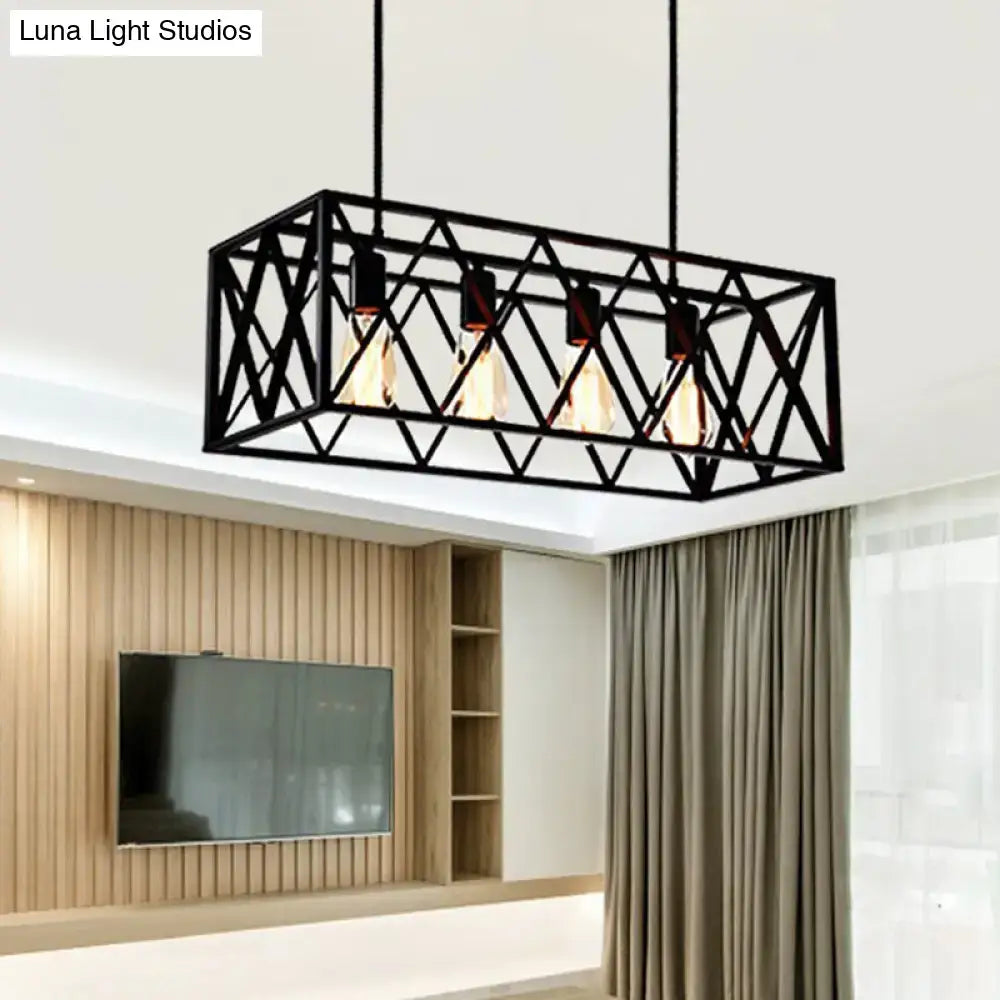 Black metal cross framed ceiling light with geometric lattice and four filament bulbs for dining table use