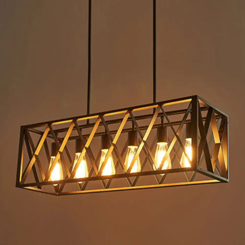 Industrial black cross framed ceiling light with a metal frame and five glowing Edison bulbs for dining table use