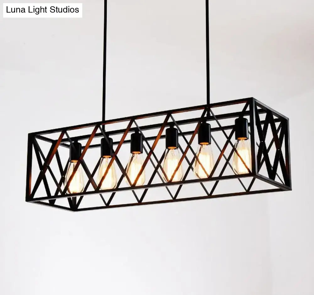 Industrial black cross framed metal ceiling light with five exposed Edison bulbs for dining table illumination