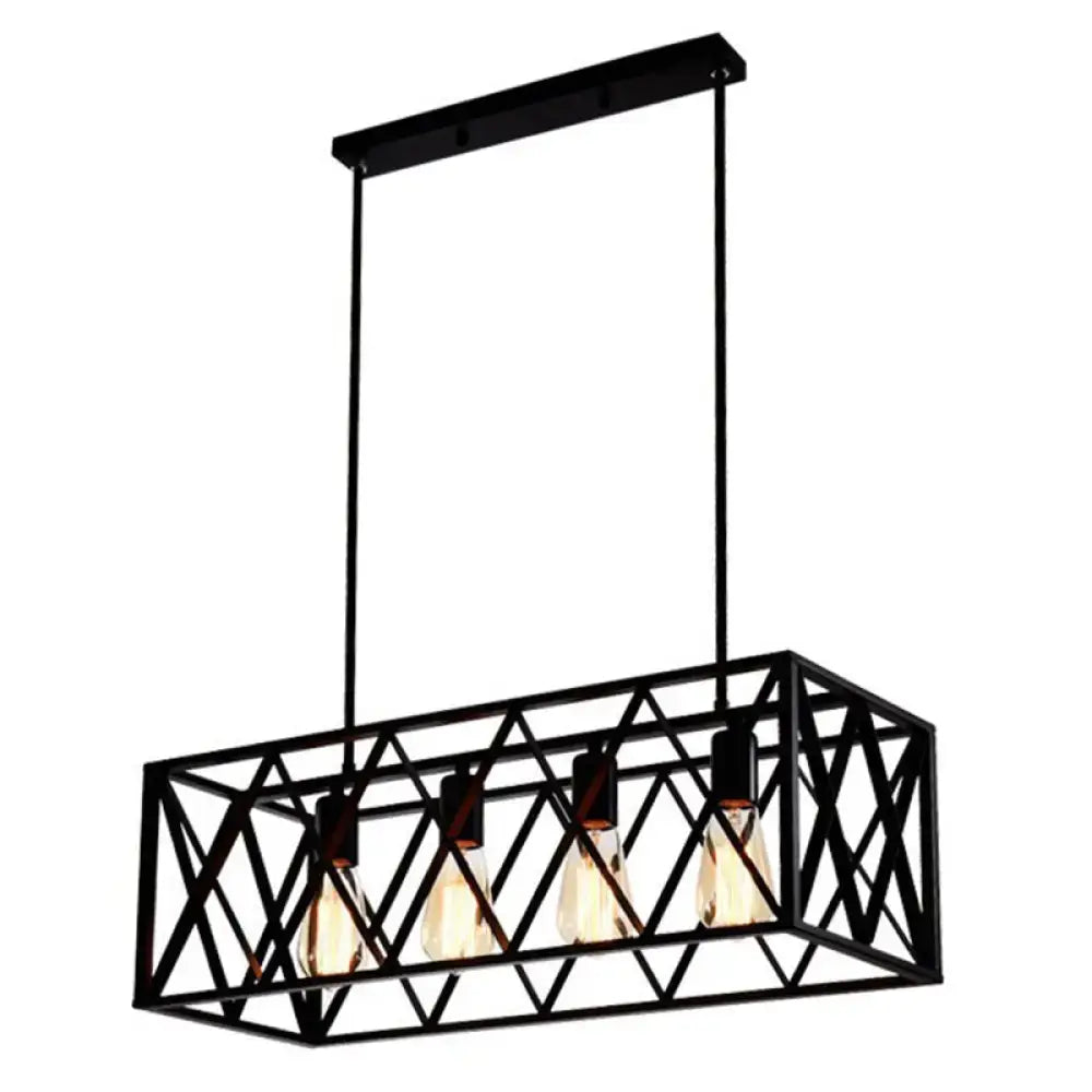 Black metal cross framed industrial ceiling light with exposed edison bulbs for dining table illumination
