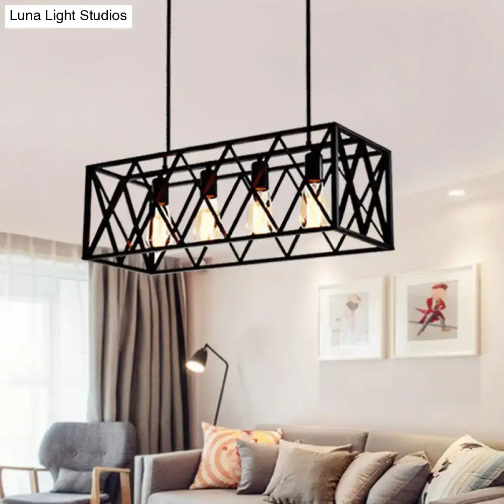 Industrial black cross framed metal ceiling light with exposed filament bulbs for dining table illumination