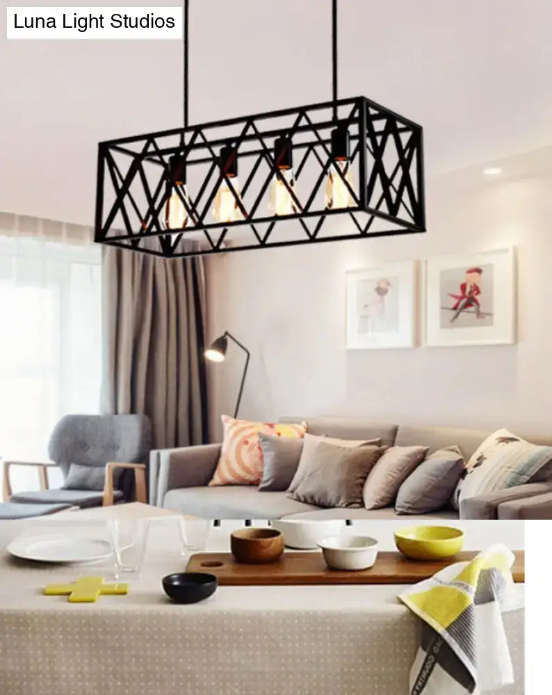 Black metal cross framed pendant ceiling light with exposed filament bulbs for dining table illumination