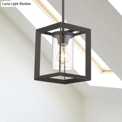 Industrial Black Cylinder Glass Pendant Light - Clear Glass - Living Room Ceiling Fixture