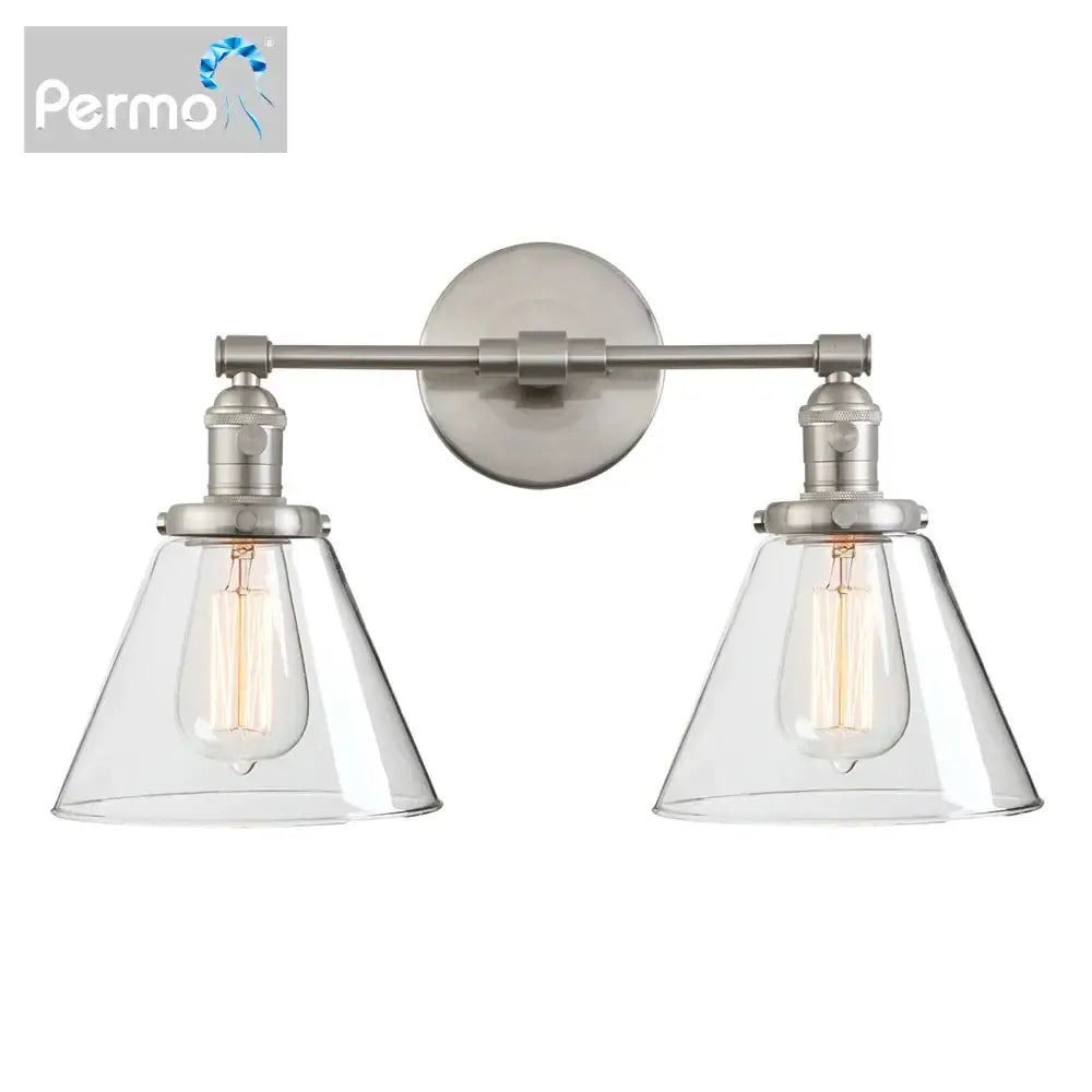 Permo industrial black double cone glass wall sconce with brushed nickel finish and clear cone glass shades for bedroom