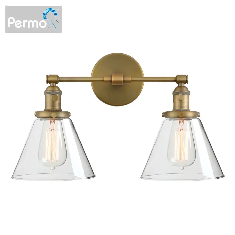 Industrial black wall sconce with permob brass finish and double cone glass shades featuring exposed filament bulbs