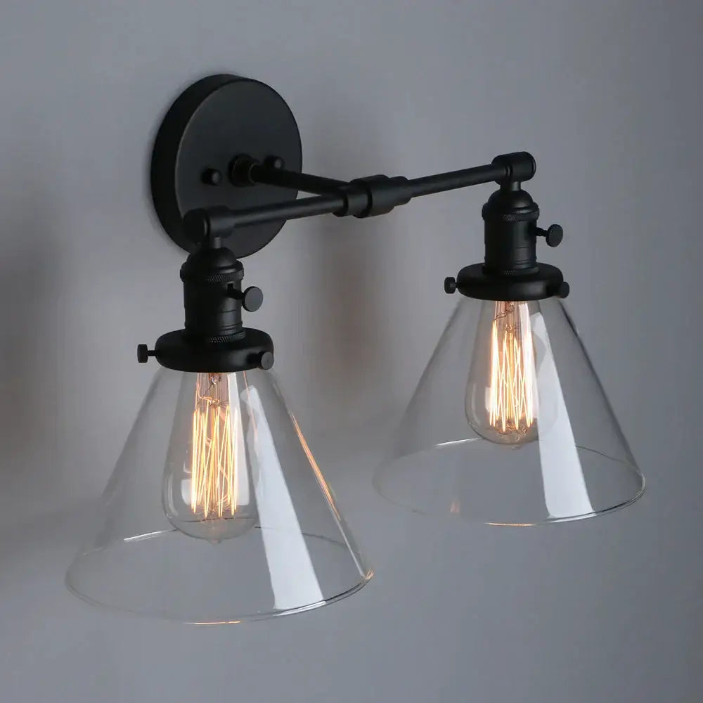 Industrial black double cone glass wall sconce with exposed filament bulbs for bedroom use in cone glass industrial style