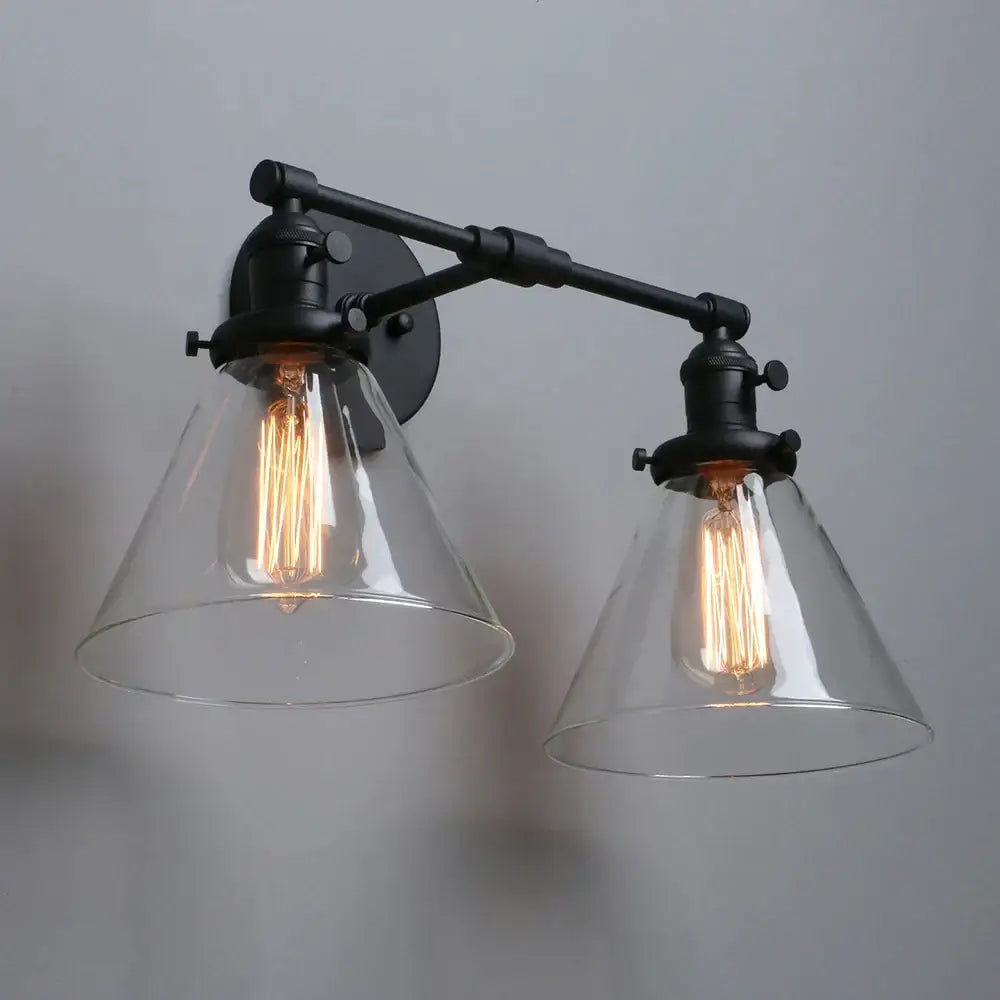 Industrial black double cone glass wall sconce with exposed filament bulbs for bedroom lighting fixture