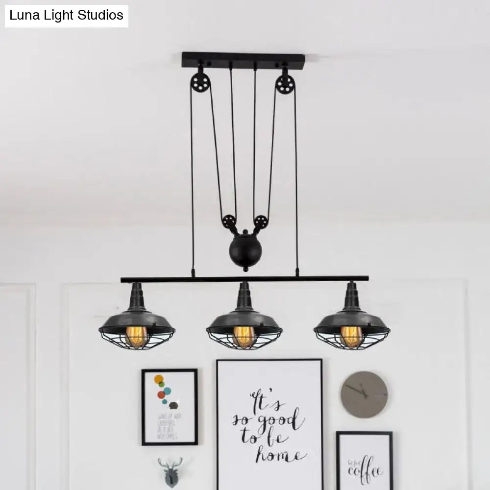 Decorbites farmhouse barn island pendant with three black metal cage shades and adjustable chain cord length pulley system