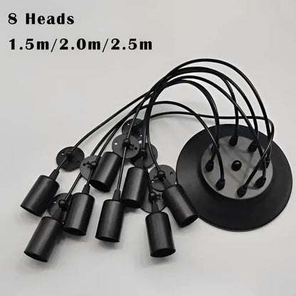 Industrial black finish pendant light with eight cylindrical light sources and a circular matte black mounting plate
