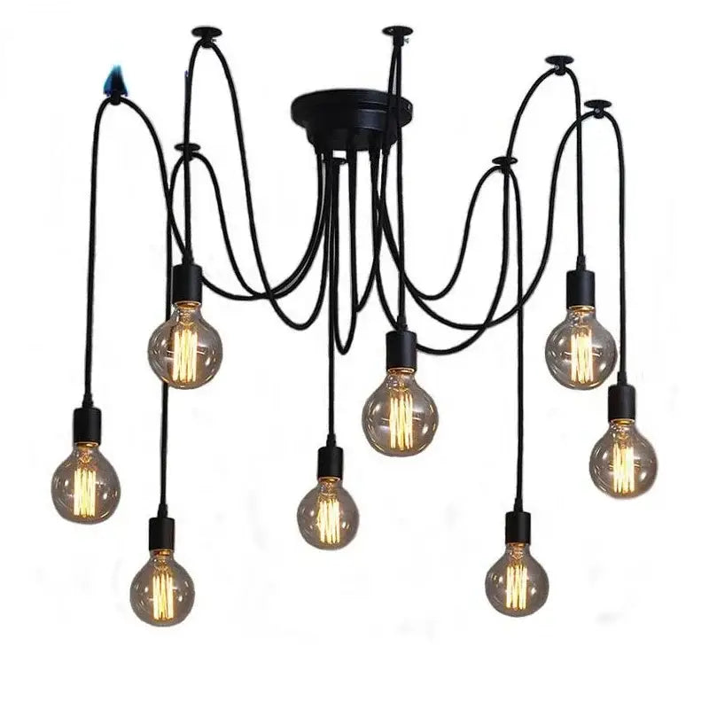 Industrial black finish 6 light pendant light chandelier with multiple exposed filament light sources hanging by curved cords