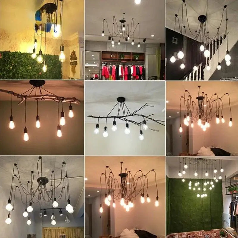 Industrial black finish 6 light pendant light with exposed Edison bulbs and twisted wires for dining room lighting