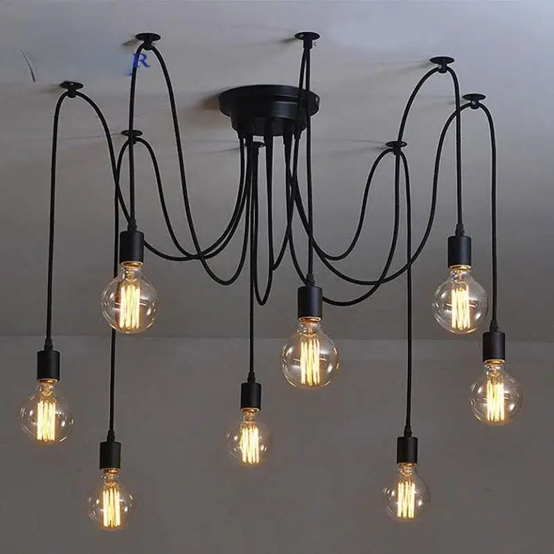 Industrial black finish 6 light pendant light with multiple exposed filament light sources and curved cords for dining room