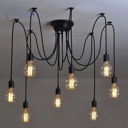 Industrial black finish 6 light pendant light with multiple exposed filament light sources and curved cords for dining room