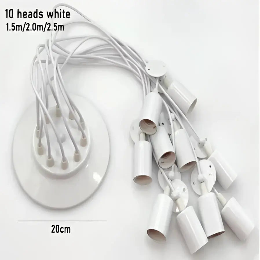White ceramic pendant light fixture with ten adjustable arms and matching sockets for black finish chandelier light sources