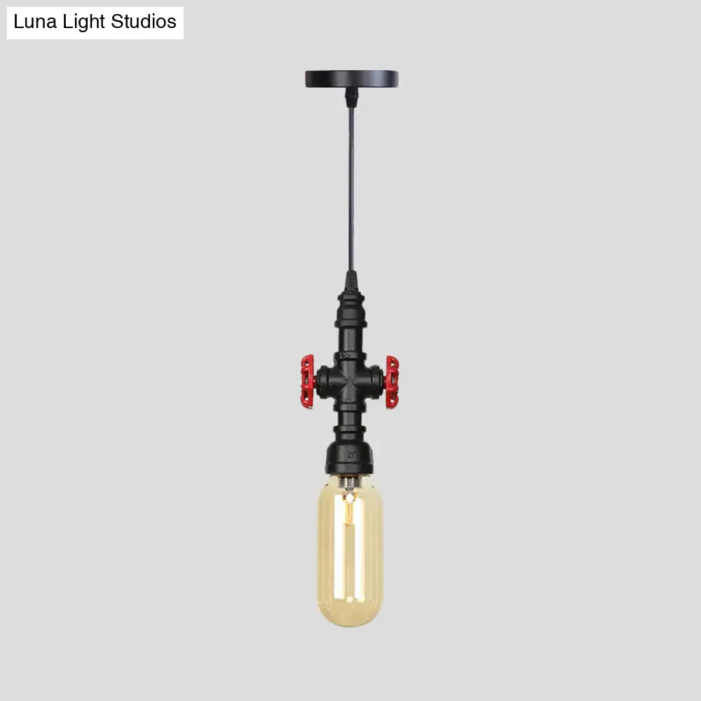 Industrial Black Finish Amber Glass Pendant Lamp with Pipe Suspension - 1-Light Ball/Capsule Ceiling Light