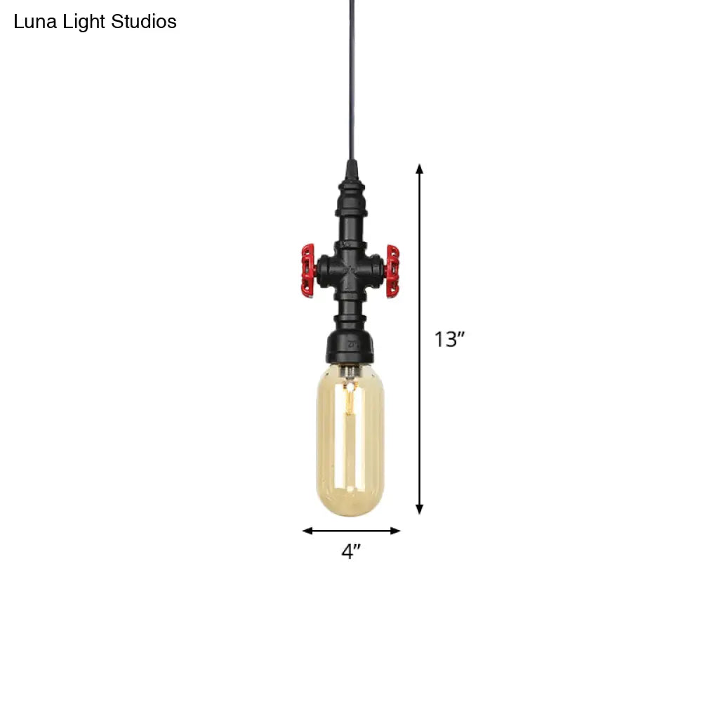 Industrial Black Finish Amber Glass Pendant Lamp with Pipe Suspension - 1-Light Ball/Capsule Ceiling Light