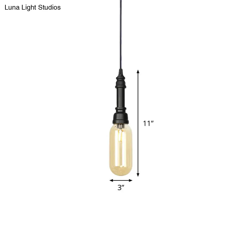 Industrial Black Finish Amber Glass Pendant Lamp with Pipe Suspension - 1-Light Ball/Capsule Ceiling Light