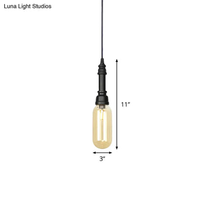 Industrial Black Finish Amber Glass Pendant Lamp with Pipe Suspension - 1-Light Ball/Capsule Ceiling Light