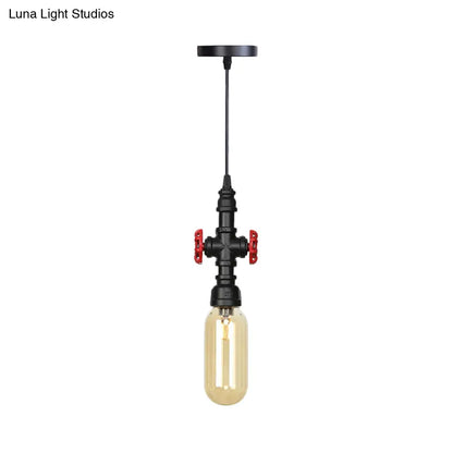 Industrial Black Finish Amber Glass Pendant Lamp with Pipe Suspension - 1-Light Ball/Capsule Ceiling Light