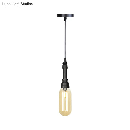 Industrial Black Finish Amber Glass Pendant Lamp with Pipe Suspension - 1-Light Ball/Capsule Ceiling Light