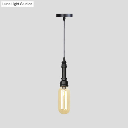 Industrial Black Finish Amber Glass Pendant Lamp with Pipe Suspension - 1-Light Ball/Capsule Ceiling Light