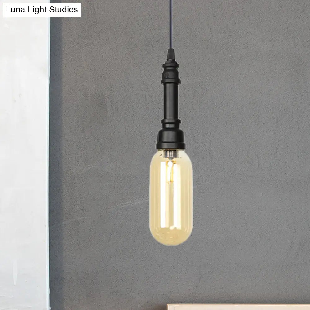 Industrial Black Finish Amber Glass Pendant Lamp with Pipe Suspension - 1-Light Ball/Capsule Ceiling Light