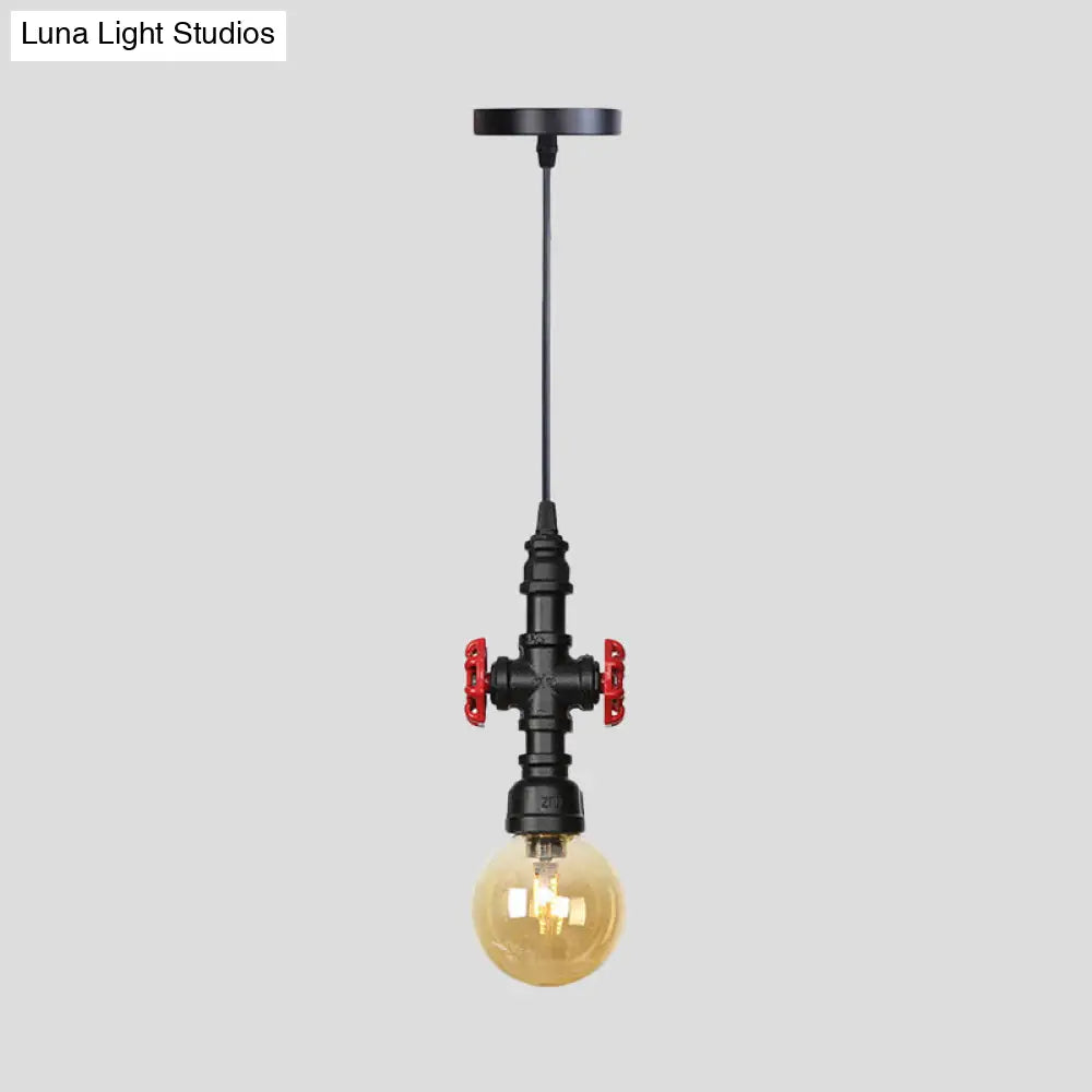 Industrial Black Finish Amber Glass Pendant Lamp with Pipe Suspension - 1-Light Ball/Capsule Ceiling Light