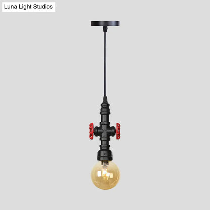 Industrial Black Finish Amber Glass Pendant Lamp with Pipe Suspension - 1-Light Ball/Capsule Ceiling Light