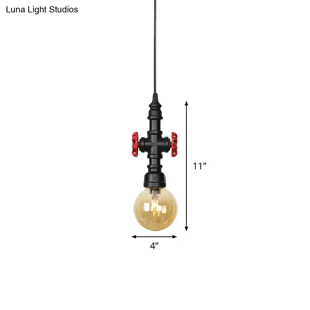 Industrial Black Finish Amber Glass Pendant Lamp with Pipe Suspension - 1-Light Ball/Capsule Ceiling Light