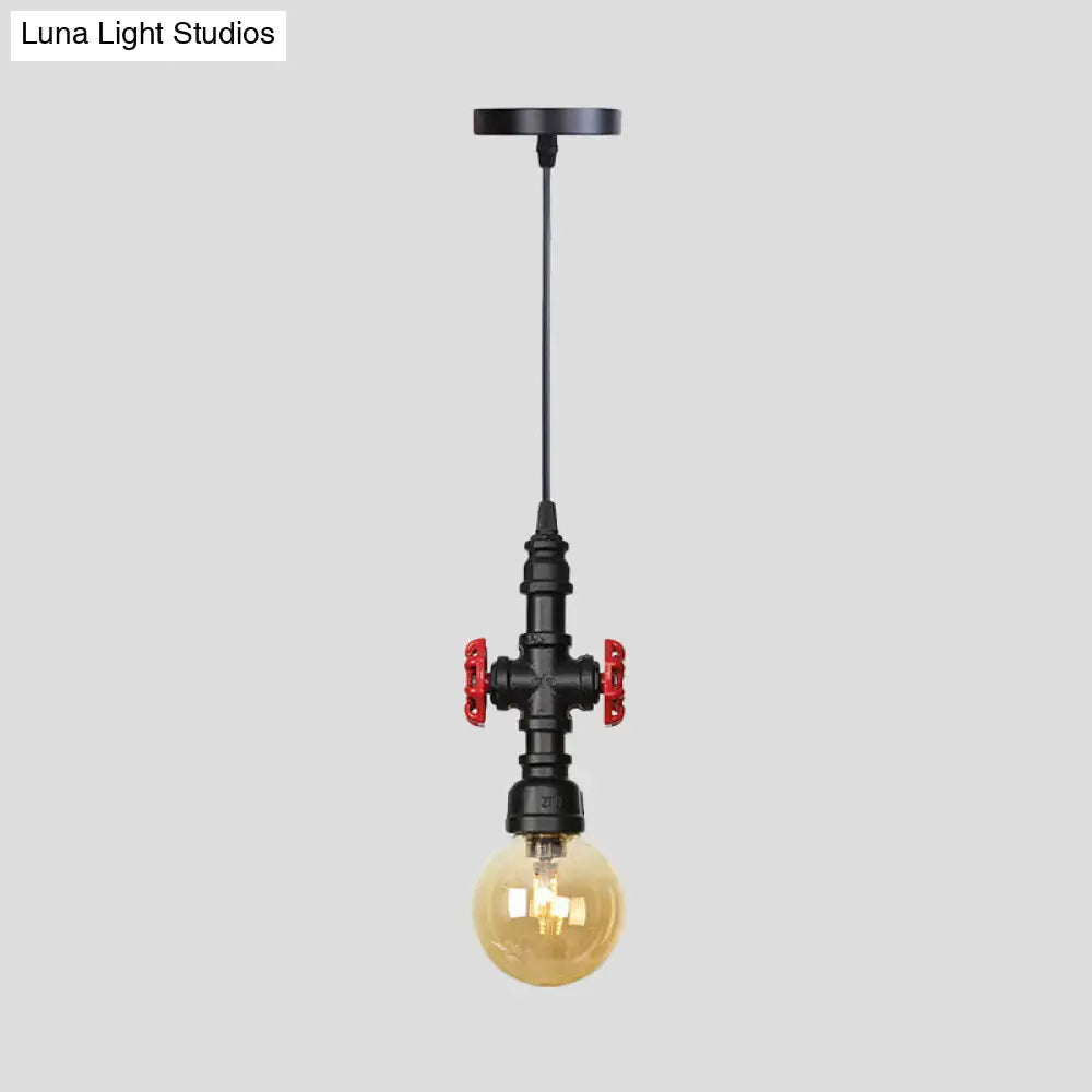 Industrial Black Finish Amber Glass Pendant Lamp with Pipe Suspension - 1-Light Ball/Capsule Ceiling Light