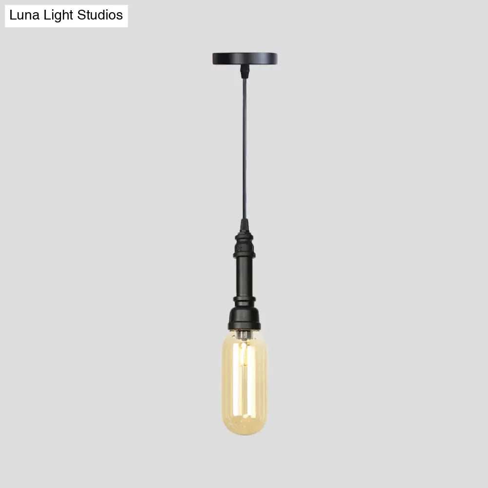 Industrial Black Finish Amber Glass Pendant Lamp with Pipe Suspension - 1-Light Ball/Capsule Ceiling Light