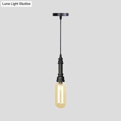 Industrial Black Finish Amber Glass Pendant Lamp with Pipe Suspension - 1-Light Ball/Capsule Ceiling Light