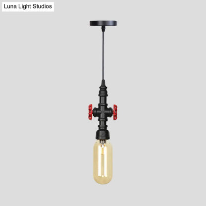 Industrial Black Finish Amber Glass Pendant Lamp with Pipe Suspension - 1-Light Ball/Capsule Ceiling Light