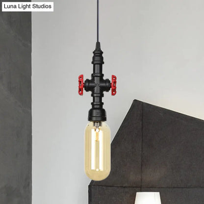 Industrial Black Finish Amber Glass Pendant Lamp with Pipe Suspension - 1-Light Ball/Capsule Ceiling Light