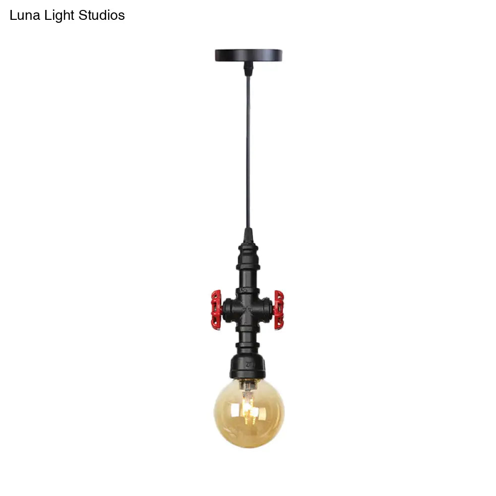 Industrial Black Finish Amber Glass Pendant Lamp with Pipe Suspension - 1-Light Ball/Capsule Ceiling Light