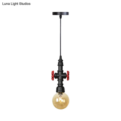 Industrial Black Finish Amber Glass Pendant Lamp with Pipe Suspension - 1-Light Ball/Capsule Ceiling Light