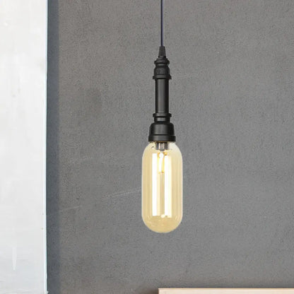 Industrial Black Finish Amber Glass Pendant Lamp with Pipe Suspension - 1-Light Ball/Capsule Ceiling Light