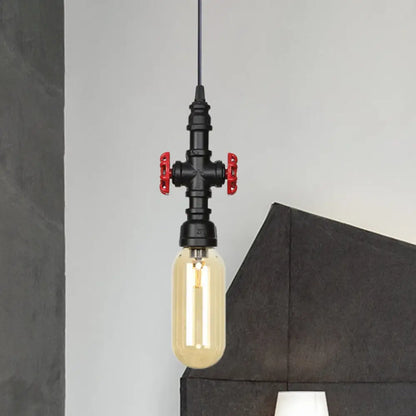 Industrial Black Finish Amber Glass Pendant Lamp with Pipe Suspension - 1-Light Ball/Capsule Ceiling Light