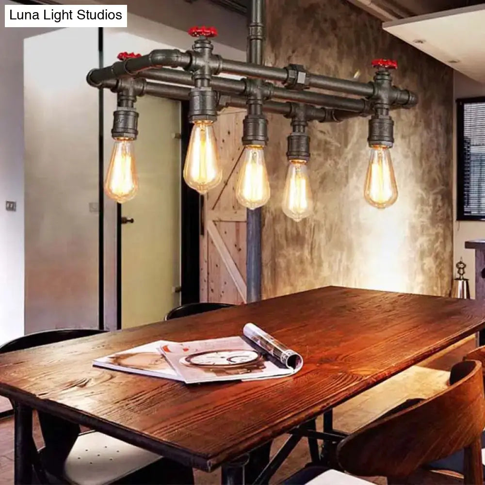 Decorbites black finish tubing hanging lamp with five filament bulbs and red valve caps fixture width visible