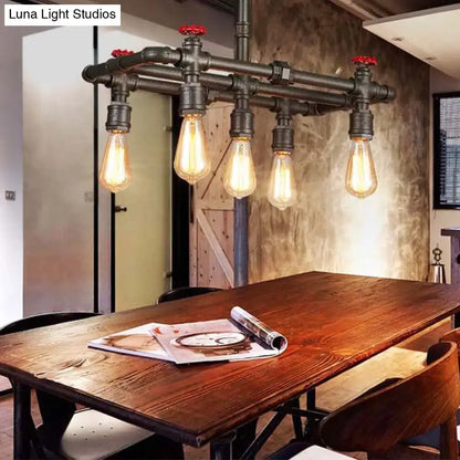 Decorbites black finish tubing hanging lamp with five filament bulbs and red valve caps fixture width visible