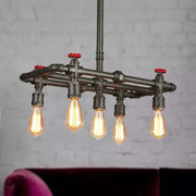 Industrial-style black finish tubing hanging lamp with red valve caps and exposed filament bulbs fixture width five bulbs