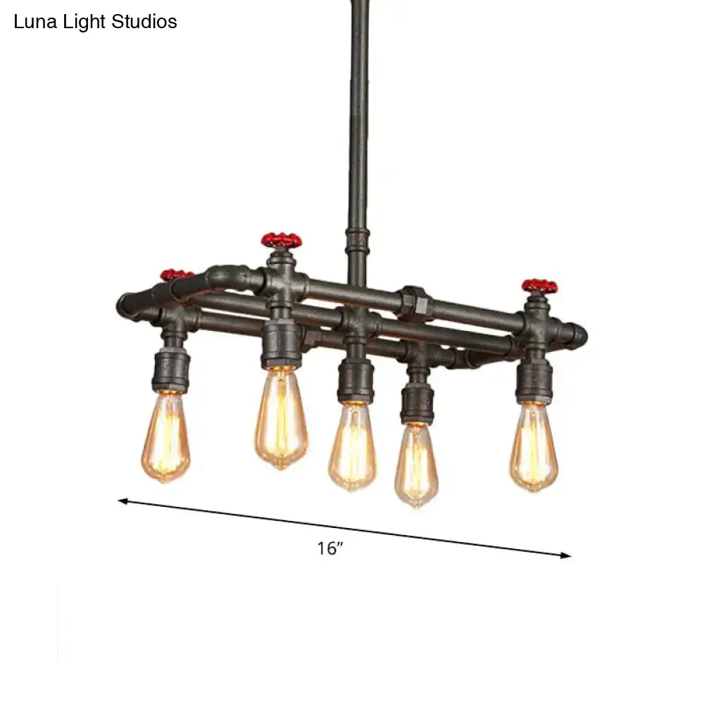 Decorbites black finish tubing hanging lamp with red valve caps and five amber filament bulbs fixture width design