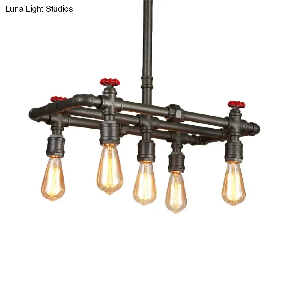Industrial-style black finish tubing hanging lamp with red valve caps and five exposed filament bulbs fixture width visible