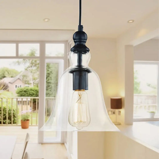 Industrial Black Flared Ceiling Pendant Light with Clear Glass for Dining Room - 1-Light Fixture