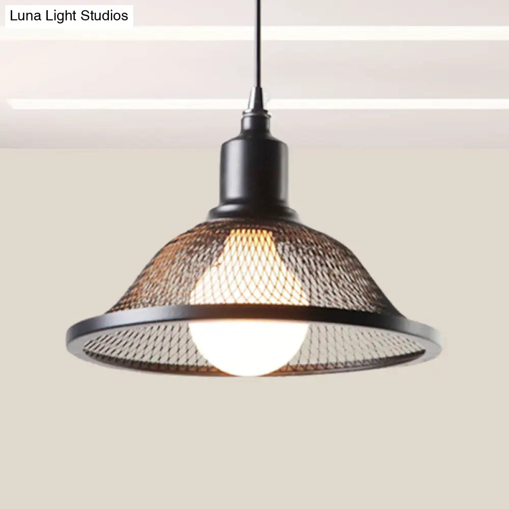 Industrial Black Flared Pendant Light with Mesh Cage - Metallic Hanging Lighting Fixture