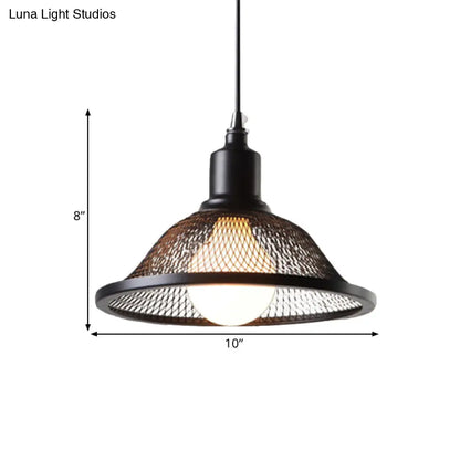 Industrial Black Flared Pendant Light with Mesh Cage - Metallic Hanging Lighting Fixture