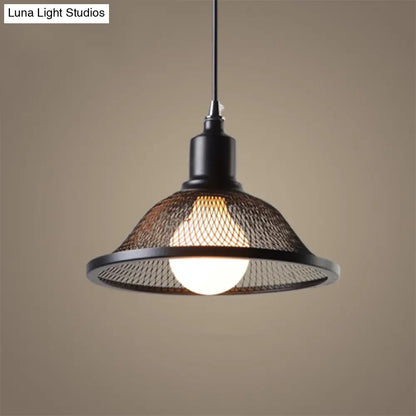 Industrial Black Flared Pendant Light with Mesh Cage - Metallic Hanging Lighting Fixture