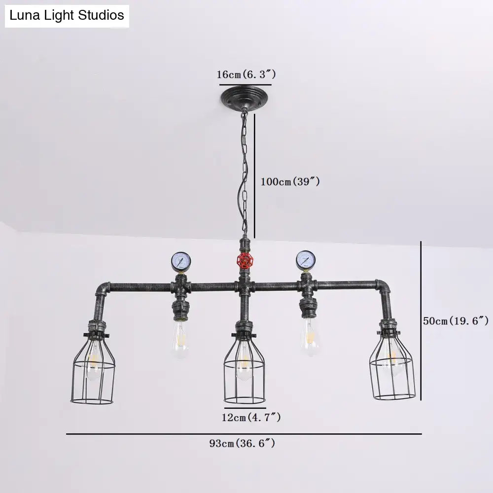 Industrial black gauge metal island lighting pipe chandelier with three exposed bulbs and decorative pressure gauges