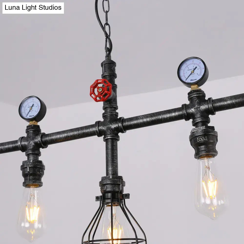 Industrial black gauge metal island lighting pipe chandelier with red valve pressure gauges and exposed filament bulbs