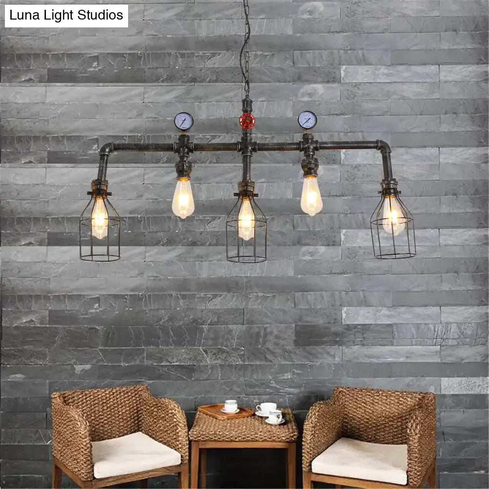 Industrial black gauge metal island lighting chandelier with four filament bulbs in wire cages and decorative gauges